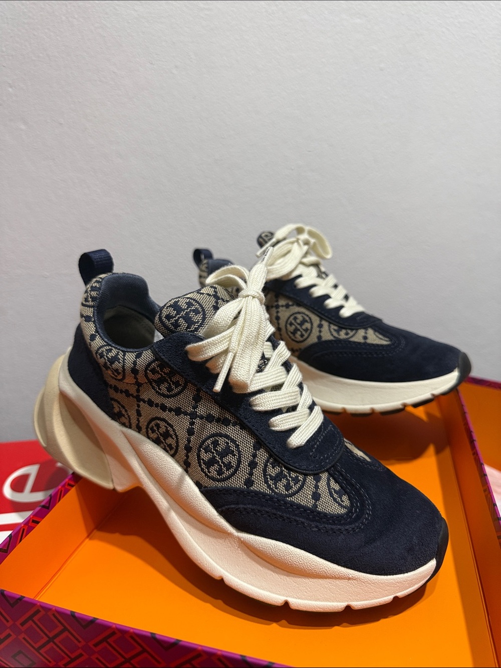 Tory Burch Navy Monogram Good Luck Trainer Jacquard / Suede
